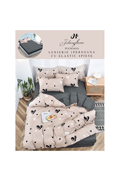 OEM Reversible Bed Linen Set, Finet Hearts, 1 Person, 4 Pieces, 140x200cm, Beige-Black