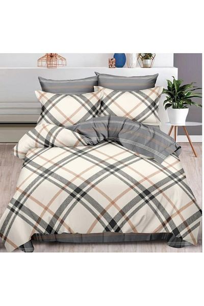 OEM Double bed linen with two designs, plaid print, 6 pieces, for 2 persons, 180x200cm, Satin Finet, Bei