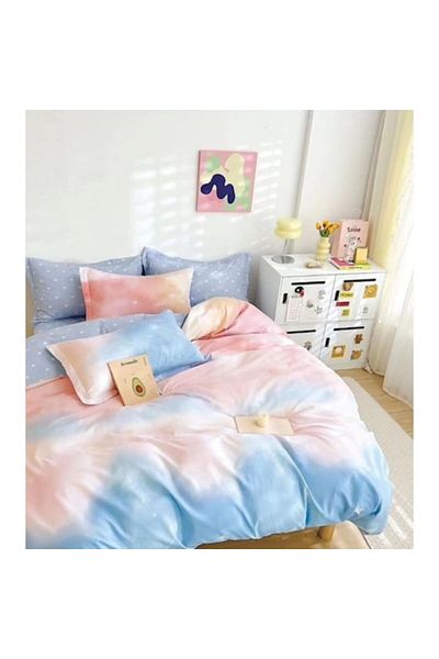 OEM Double Bed Linen Set with Two Designs, Gradient Print, 6 Pieces, 2 Persons, 180x200cm, Satin Finish,