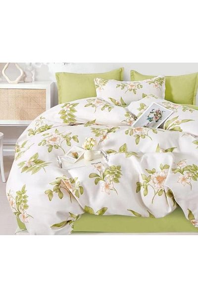OEM Double Bed Linen, Floral Print, Reversible Sheet, 6 Pieces, 2 Persons, 230x245cm, Finet, White-Olive