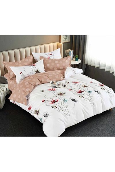 Pucioasa Double Bed Linen, Pucioasa, Finet, 6 Pieces, Flowers Pattern, 245x250cm, White-Beige