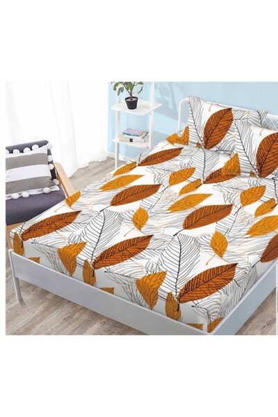 OEM Husa de pat si fete de perna, Finet, 3 piese, 2 persoana, imprimeu frunze, multicolor
