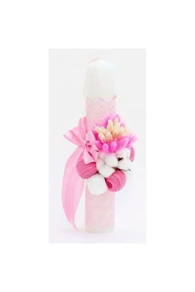 OEM Lumanare de botez, Flori Uscate si Bumbac, 35x5cm, Roz-Alb