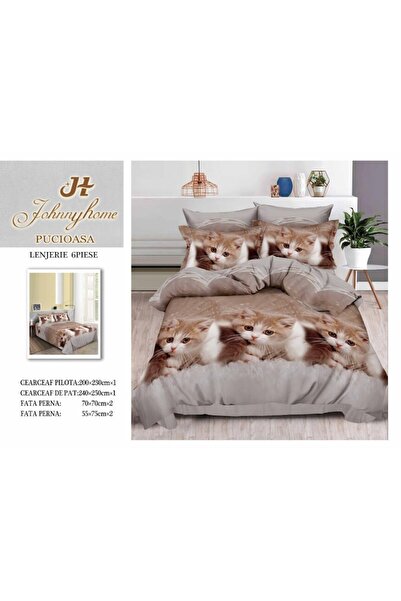 OEM Double bed linen set, 6 pieces, Finet, 3D with cat, 2 persons, 240x250cm, beige shades