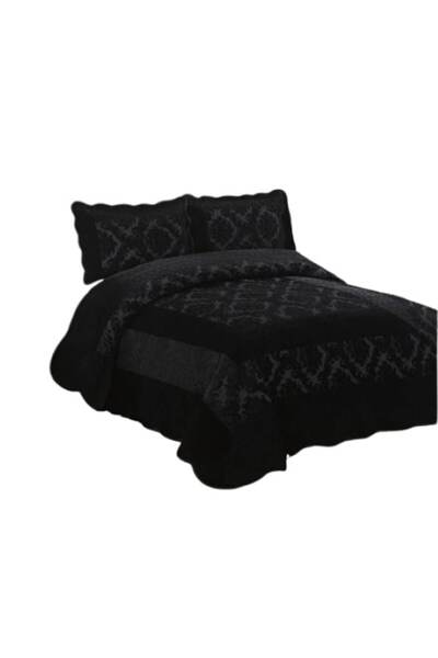 OEM Cuvertura si 2 fete de perna, Catifea Lux, 3 piese, 2 persoane, 230x250cm, Negru