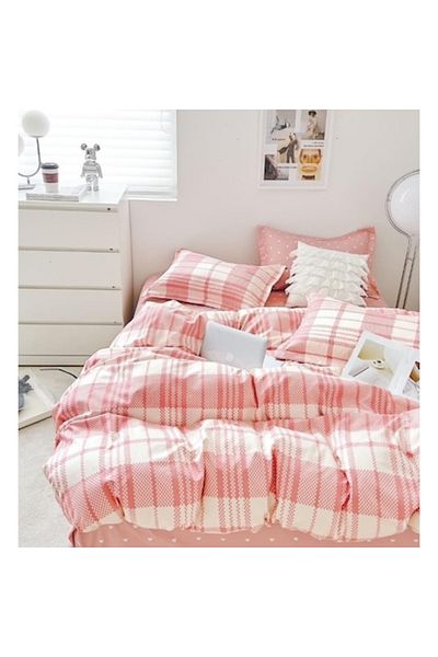 OEM Double Bed Linen, Two Sides, Plaid Print, 6 Pieces, 180x200cm, Finet Satin, White-Coral