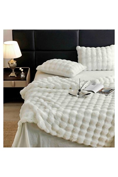 JOJO HOME Double Bedding Set Jojo Home Artificial Rabbit Fur Uni 6 Pieces White Cream