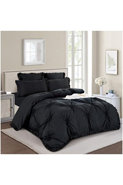 OEM Lenjerie de pat dublu, Uni, Model Inimi Brodate, 6 piese, Finet, 180X200cm, Negru