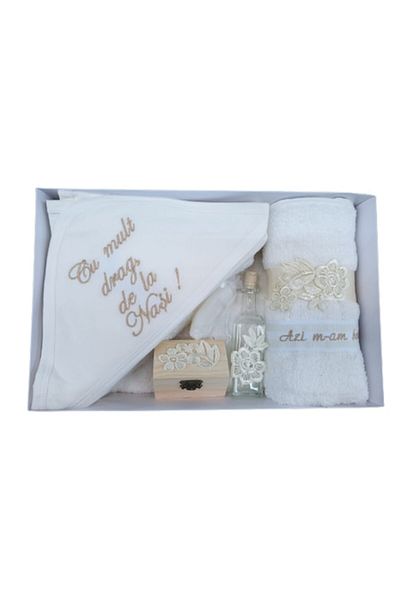 OEM Trusou pentru botez, "Cu mult drag de la Nasi", 7 piese, Auriu M7