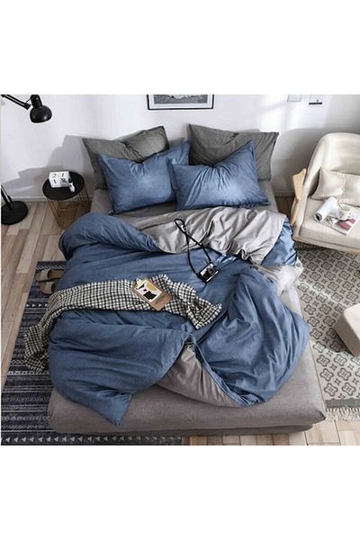 OEM Reversible Bedding Set, Elastic Sheet, Finet, Single, 4 Pieces, 140x200cm, Navy-Grey