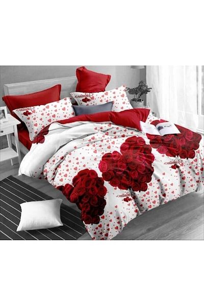 OEM Double Bed Linen Set, Heart Roses, 2 Persons, 6 Pieces, Finet, 220x230cm, Multicolor