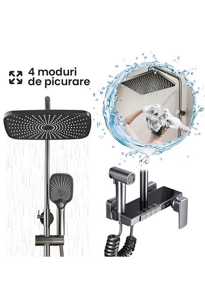 GlowforHome Set Coloana Dus, GlowforHome, montare pe perete, 4 moduri de picurare, dus fix tip ploaie, dus mobil