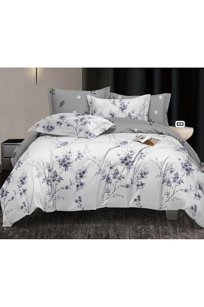 OEM Double Bed Linen Set, Two Sides, Blossom Branches Print, 4 Pieces, 180x200cm, Satin Cotton, White-Li