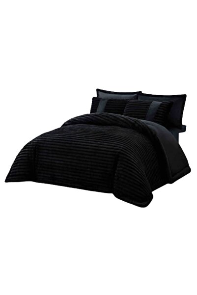 JOJO HOME Double bed linen set, velvet-faux rabbit fur, plain, 6 pieces, 180x200cm, black