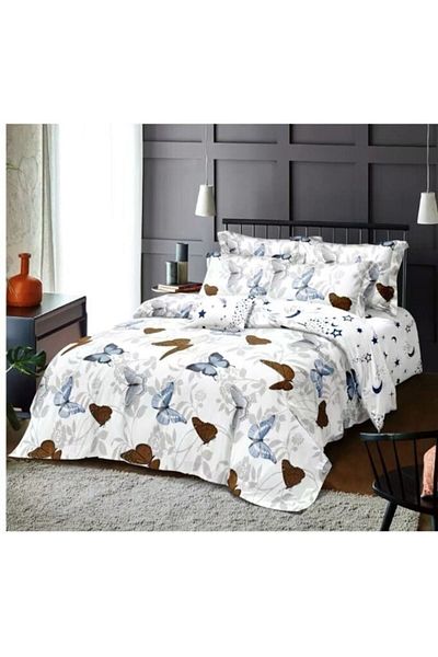 OEM Lenjerie de pat dublu 6 piese, 2 persoane, 180x200 cm, Imprimeu fluturi luna si stele, multicolor