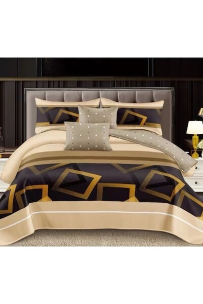 OEM Double Bed Linen Set, 6 Pieces, for 2 People, 180x200 cm, Golden Triangle Print, Multicolor
