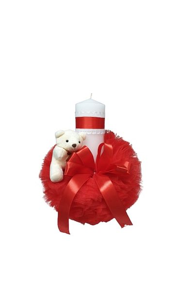 OEM Lumânare de botez decorată cu tul și ursuleț de pluș, 30 cm, roșie