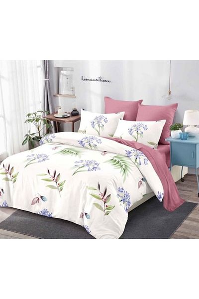 OEM Lenjerie de pat, Finet, 6 piese, 2 persoane, Imprimeu Flori si Frunze Tropicale, 230x250cm, Multicol