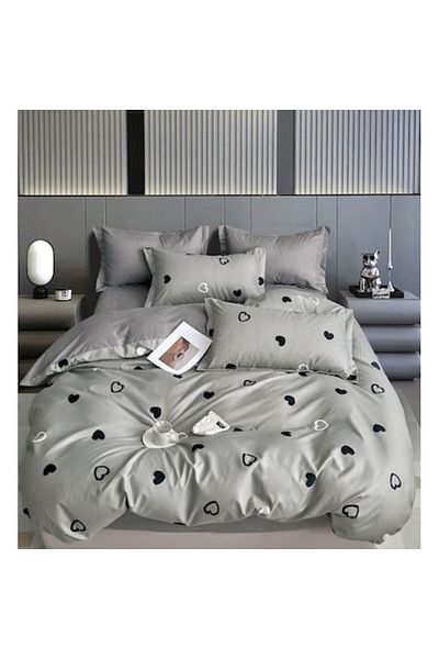 OEM Double Bed Linen Set, 6 Pieces, Finet, Heart Pattern, 2 People, 240x250cm, Gray-Black