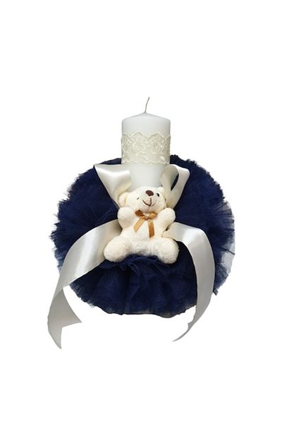 OEM Lumânare de botez, decorată cu tul și fundă de mătase cu ursuleț de pluș, 30 cm, albastru închis