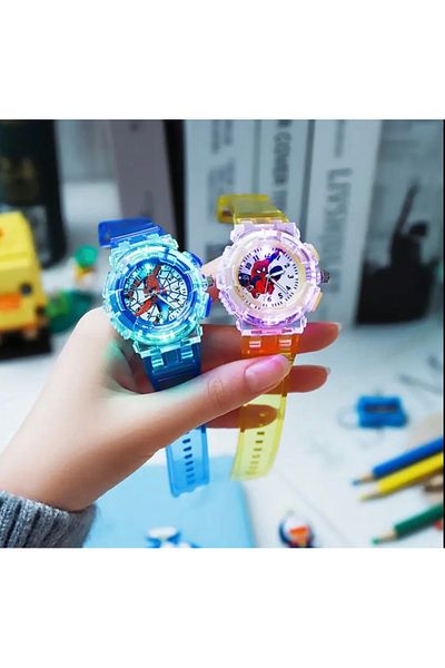 JOJO KIDS ساعة يد مضيئة رقمية للأطفال من الرجل العنكبوت، ساعة سيليكون، ساعة مضيئة مكثفة متغيرة الألوان