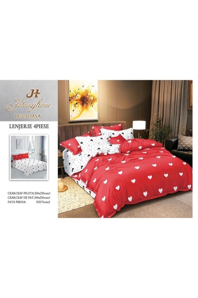 OEM Double bed linen set, satin cotton, 4 pieces, 2 persons, 240x250cm, heart, red-white