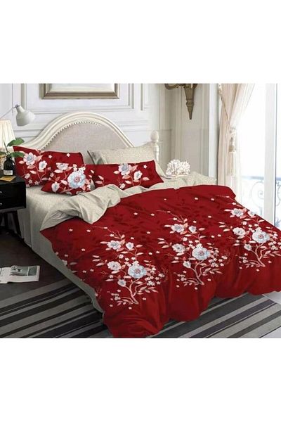 Pucioasa Double Bed Sheet Set, Pucioasa, Finet, 6 Pieces, Peony Pattern, 245x250cm, Red-Beige