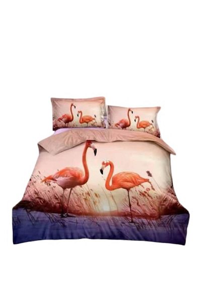 OEM Lenjerie de pat, 4 piese, 2 persoane, 230x250cm, Finet, imprimeu Flamingo M2, Multicolor