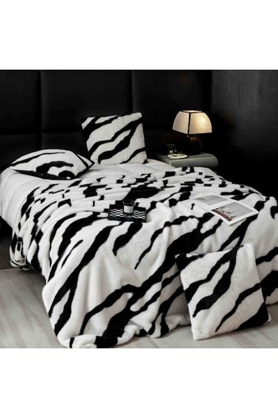 JOJO HOME Luxury Blanket and Pillowcases Set, Faux Mink Fur, 3 Pieces, 200x230cm, Black-Ivory