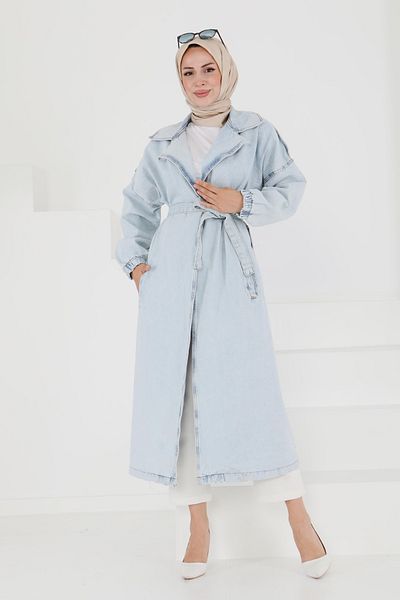 TOFİSA Trench cu curea din denim Albastru gheață - 27444