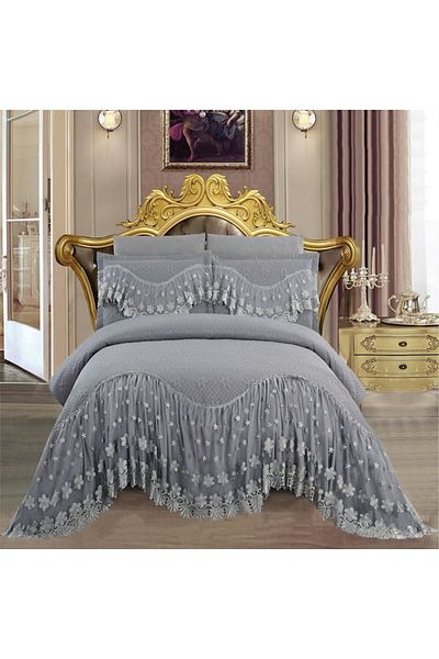 JOJO HOME Set cuvertura cu volane si 2 fete de perna, pentru pat dublu, gri, 220x280 cm