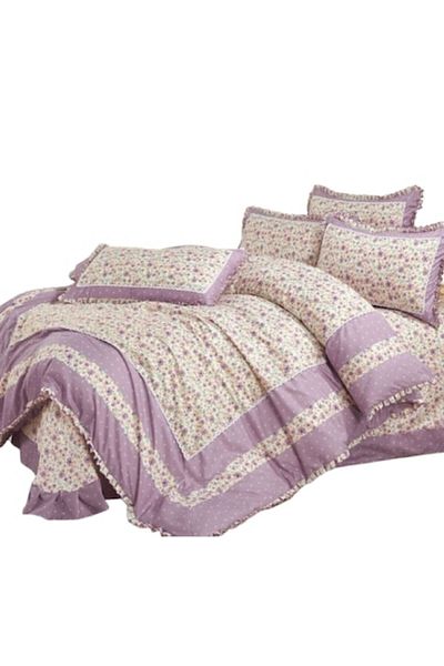OEM Luxury Bedding Set with Ruffles, 4 Pieces, Floral Print, Lilac-Ivory