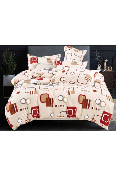 OEM Bed Linen Set, Geometric Shapes Print, 4 Pieces, Single, 160x210cm, Satin Cotton, Beige Multicolor