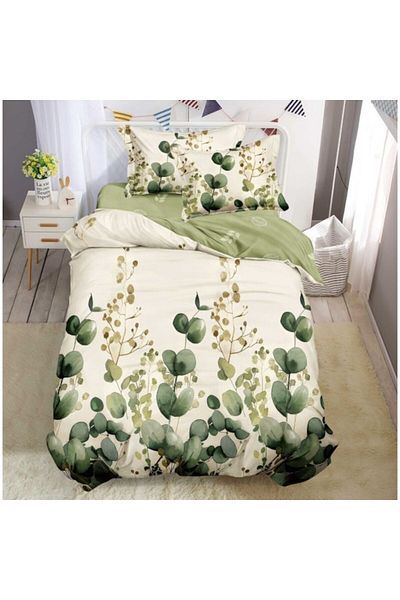 OEM Lenjerie de Pat, Finet Satinat, 1 Persoana, 150x220 cm, 4 Piese, Imprimeu Frunze Eucalipt, Multicolo