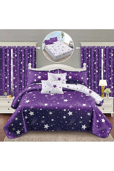 OEM Set lenjerie de pat și perdele, 8 piese, cearșaf cu elastic, pat dublu, elegant, imprimeu stea, violet-alb