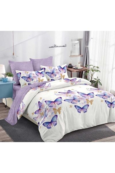 OEM Double Bed Linen, Butterfly Print, Reversible, 6 Pieces, 2 Persons, 180x200cm, Finet, White-Lilac