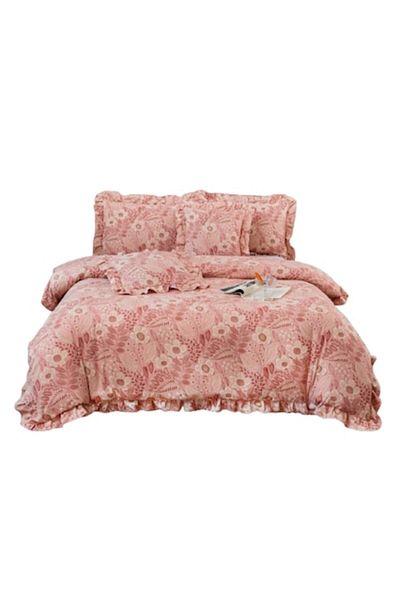 OEM Luxury Bed Linen, Cotton, Flounces, Coral Floral Print, 6 Pieces, for 2 Persons, 180x200cm