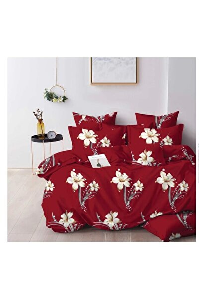 OEM Double Bed Linen Set, Lily Print, Reversible Sheet, 6 Pieces, 230x245cm, Finet, Red-White