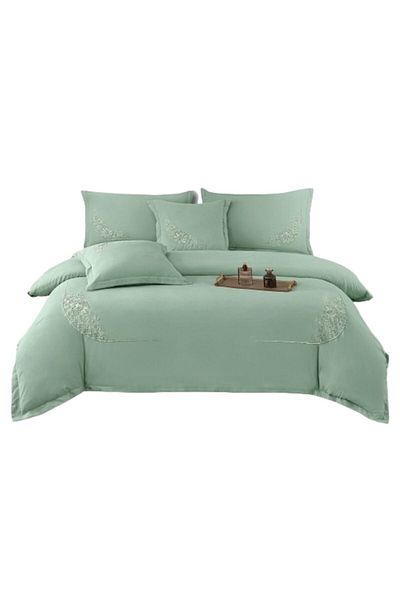 OEM Luxury Bedding Set, Embroidered Design, Smooth Cotton, 6 Pieces, 2 People, 180x200cm, Solid Color, D