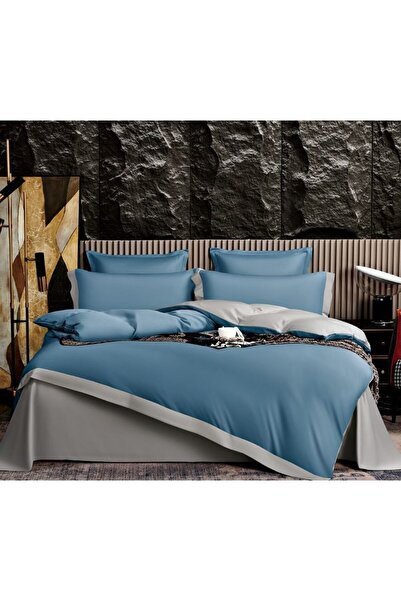 OEM Lenjerie de pat, Bicolor, Imitatie Matase, 2 persoane, 6 piese, 230x245cm, Bleumarin-Gri