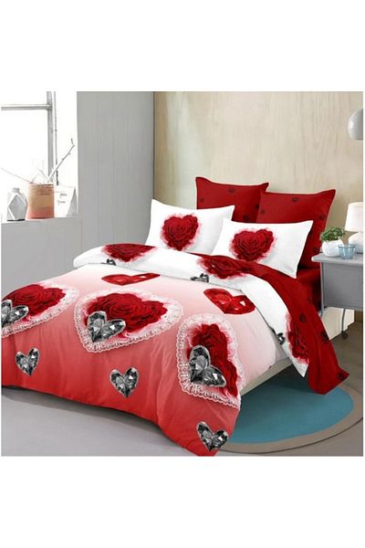 OEM Double Bed Linen, Heart Print, Reversible, 6 Pieces, For Two People, 180x200cm, Finet, White-Red