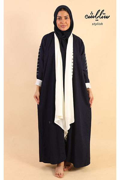 Stylish Special wrap abaya in navy and off-white with delicate embroidery