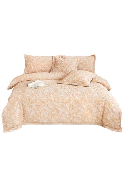 OEM Luxury Bedding Set, Cotton and Linen, 3D Leaf Pattern, 6 Pieces, 2 Persons, 180x200cm, Coral