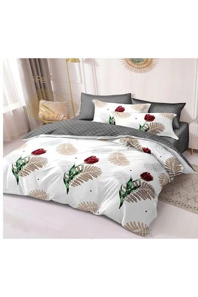 OEM Double Bedding Set, 6 Pieces, 2 People, 180x200 cm, Tulip and Leaf Print, Multicolor
