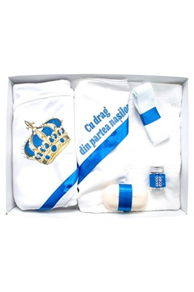 OEM Trusou Botez Baieti, 6 piese, 'Cu drag de la Nasi', Coroana, Alb-Albastru