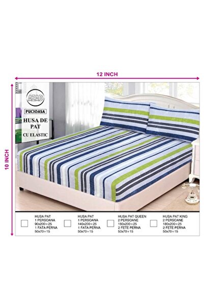 OEM Husa de pat, 1 persoana, cu elastic, 2 piese, imprimeu dungi, multicolor, 90x200 cm