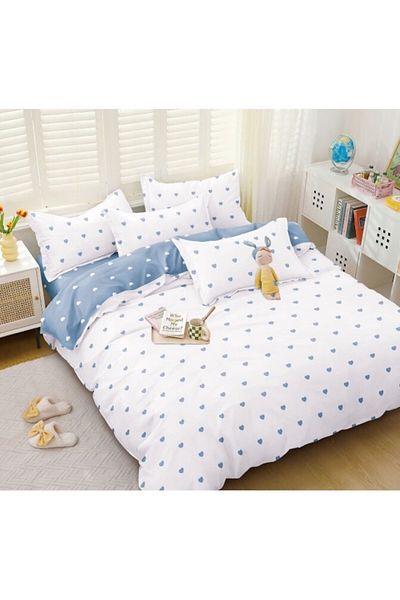 OEM Set de lenjerie de pat cu cearșaf elastic, bumbac satinat, 2 persoane, 4 piese, imprimeu cu inimioare, 180x200cm, albastru-alb