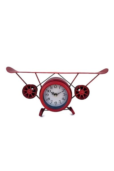 OEM Ceas de perete metalic în formă de avion cu două motoare, roșu, 40x17 cm