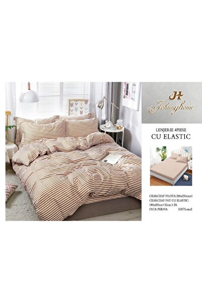 OEM Double Bed Linen Set, 4 Pieces, 2 Persons, 180x200cm Cotton Satin, Striped, Brown-White