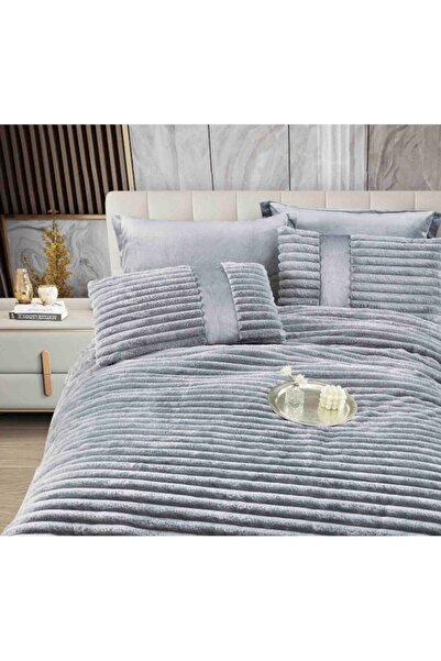 JOJO HOME Double bed linen set, velvet-faux rabbit fur, plain, 6 pieces, light grey